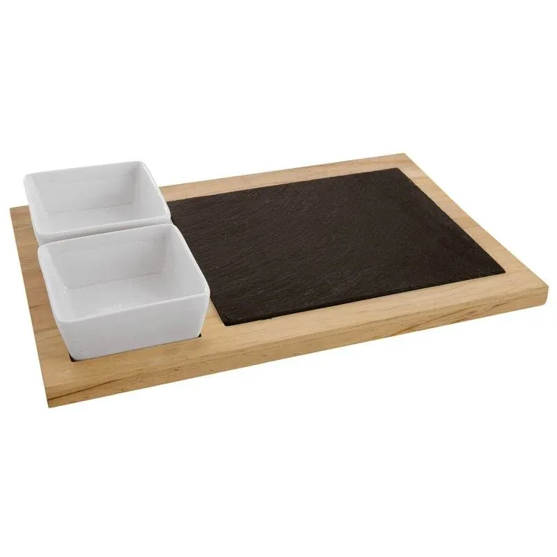 Spedito Oggi 35x23 cm - Paderno Tableware Buffet & Display Vassoio In Legno Con 2 Ciotole In Ceramica e Piano In Ardesia