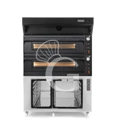 Forno pizza elettrico meccanico 6+6 pizze Ø 350 mm - 18 Kw design nero, cappa a condensazione nera e cella di lievitazione inox Ultima Occasione