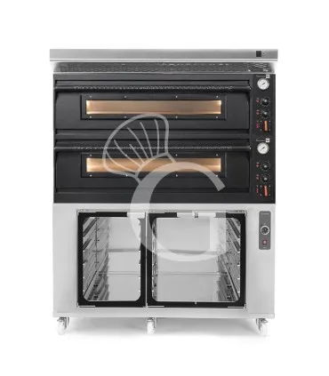 Forno pizza elettrico meccanico 6 + 6 pizze Ø 350 mm - 18 Kw con design nero, cappa inox e cella di lievitazione inox Compra Oggi Stesso