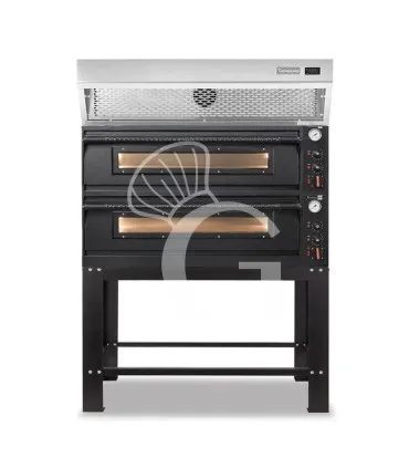 Vendita Finale Forno pizza elettrico meccanico 6 + 6 pizze Ø 350 mm - 18 Kw con design nero, cappa a condensazione inox e supporto