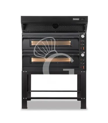 Forno pizza elettrico meccanico 6 + 6 pizze Ø 350 mm - 18 Kw con design nero, cappa a condensazione nera e supporto Spedito Oggi