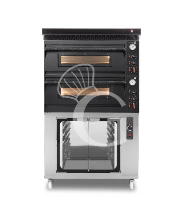 Must-Have Forno pizza elettrico meccanico 4 + 4 pizze Ø 350 mm - 12 Kw con design nero, cappa nera e cella di lievitazione inox