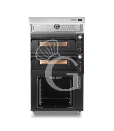 Prezzo Di Fabbrica Forno pizza elettrico meccanico 4+4 pizze Ø 350 mm - 12 Kw design nero, cappa a condensazione inox e cella di lievitazione nera