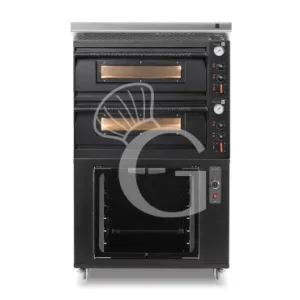 A Buon Prezzo Forno pizza elettrico meccanico 4 + 4 pizze Ø 350 mm - 12 Kw con design nero, cappa inox e cella di lievitazione nera