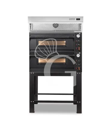 Popolare Forno pizza elettrico meccanico 4 + 4 pizze Ø 350 mm - 12 Kw con design nero, cappa a condensazione inox e supporto