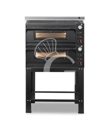 Prezzo Conveniente Forno pizza elettrico meccanico 4 + 4 pizze Ø 350 mm - 12 Kw con design nero, cappa inox e supporto