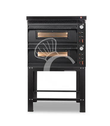 Forno pizza elettrico meccanico 4 + 4 pizze Ø 350 mm - 12 Kw con design nero, cappa nera e supporto Offerta