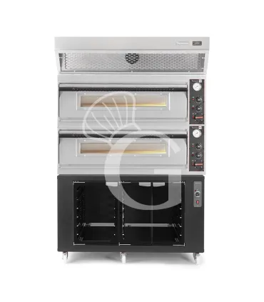 Forno pizza elettrico meccanico 6 + 6 pizze Ø 350 mm - 18 KW, cappa a condensazione inox e cella di lievitazione nera Professionale