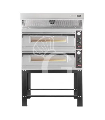 Economico Forno pizza elettrico meccanico 6 + 6 pizze Ø 350 mm - 18 KW, cappa a condensazione inox e supporto