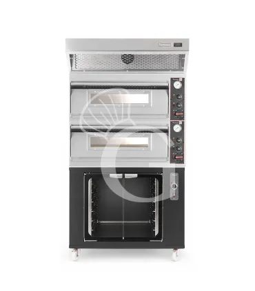 Forno pizza elettrico meccanico 4 + 4 pizze Ø 320 mm - 9,4 KW, cappa a condensazione inox e cella di lievitazione nera Compra Oggi Stesso