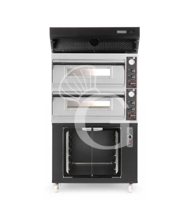 Prezzo Ridotto Forno pizza elettrico meccanico 4 + 4 pizze Ø 320 mm - 9,4 KW, cappa a condensazione nera e cella di lievitazione nera