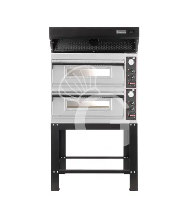 Forno pizza elettrico meccanico 4 + 4 pizze Ø 320 mm - 9,4 KW, cappa a condensazione nera e supporto Consegna Rapida