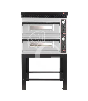Esclusivo Forno pizza elettrico meccanico 4 + 4 pizze Ø 320 mm - 9,4 KW, cappa nera e supporto