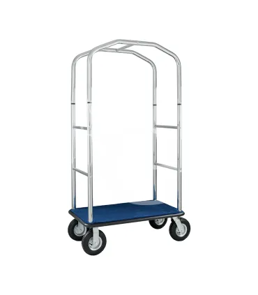 Nuova Collezione Carrello portavaligie in acciaio cromato e base in legno con moquette blu