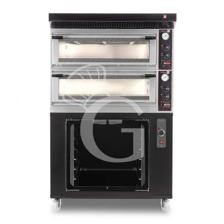 Forno Elettrico meccanico porta vetro 4 teglie 600x400 o 4+4 pizze Ø 400mm completo di cappa nera e cella di lievitazione nera Offerta Del Giorno