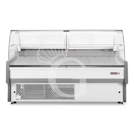 Banco refrigerato ventilato vetro curvo, 0°/+5°C, L 2580 mm, completo di luce, vetro intermedio e plexiglass posteriori Novità