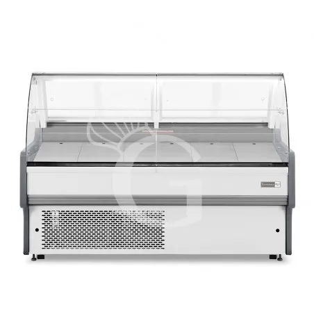 Banco refrigerato ventilato vetro curvo, 0°/+5°C, L 1955 mm, completo di luce, vetro intermedio e plexiglass posteriori Must-Have