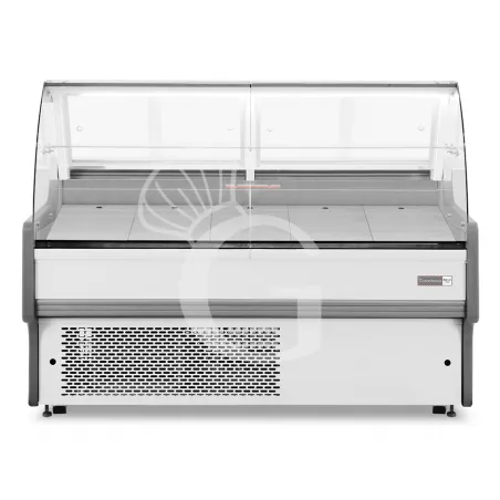 Pagamento Sicuro Banco refrigerato ventilato vetro curvo, 0°/+5°C, L 1580 mm, completo di luce, vetro intermedio e plexiglass posteriori