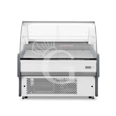 Banco refrigerato ventilato vetro curvo, 0°/+5°C, L 1330 mm, completo di luce, vetro intermedio e plexiglass posteriori Promo Stagionale
