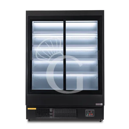 Murale espositivo ventilato nero con porte scorrevoli, temperatura -1°C/+7°C e L 1520 mm Nuova Collezione