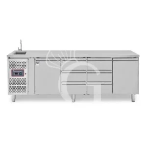 Acquista Ora Tavolo refrigerato 6 cassetti centrali, 2 porte, lavello, rubinetto, motore a sinistra, P 700 mm, +2°C/+8°C