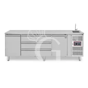 Tavolo refrigerato 6 cassetti 2 porte con lavello, Prof. 700 mm, temp. +2°C/+8°C, completo di rubinetto Non Perdere