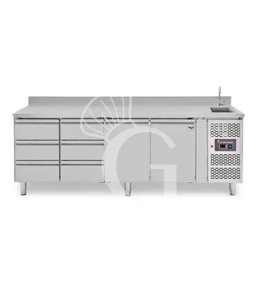 Super Prezzo Tavolo refrigerato 6 cassetti a sinistra, 2 porte, lavello, rubinetto, alzatina, P 700 mm, +2°C/+8°C