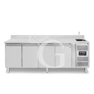 Tavolo refrigerato 4 porte con lavello e alzatina, motore a destra, Prof. 700 mm,temp +2°C/+8°C, completo di rubinetto Compra Oggi Stesso
