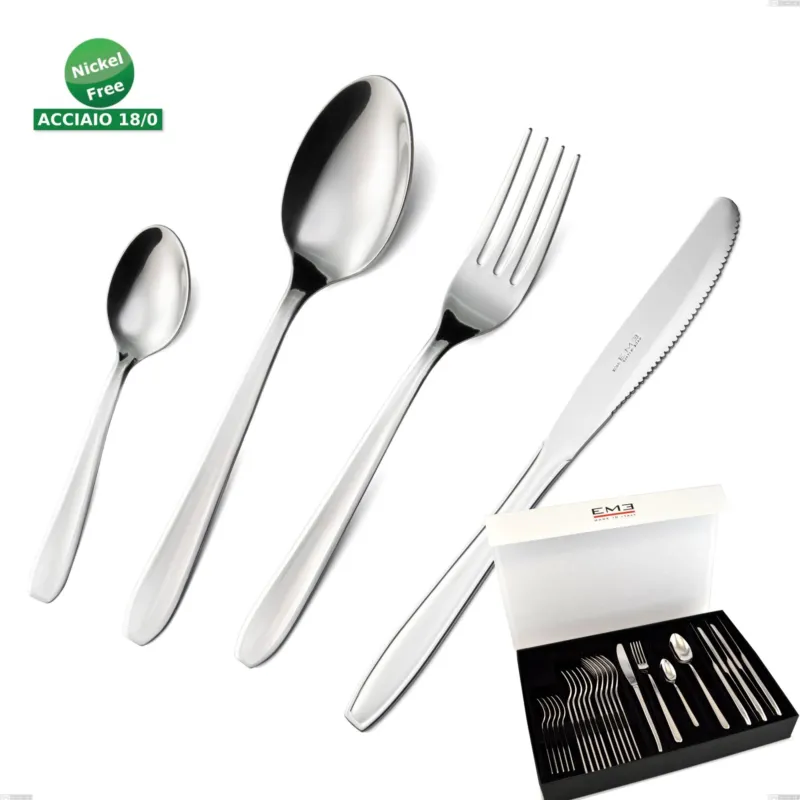 Set di posate 24 pezzi eco in confezione panoramica a libro coltello economico, Acciaio inox Aisi 430 NIchel Free Posate Lucide, spessore 1.5 mm Eme Posaterie Bestseller