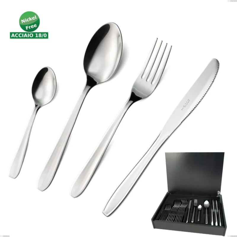 Astuccio legno 24 pezzi coltello economico eco, Acciaio inox Aisi 430 NIchel Free Posate Lucide, spessore 1.5 mm Eme Posaterie Pagamento Sicuro