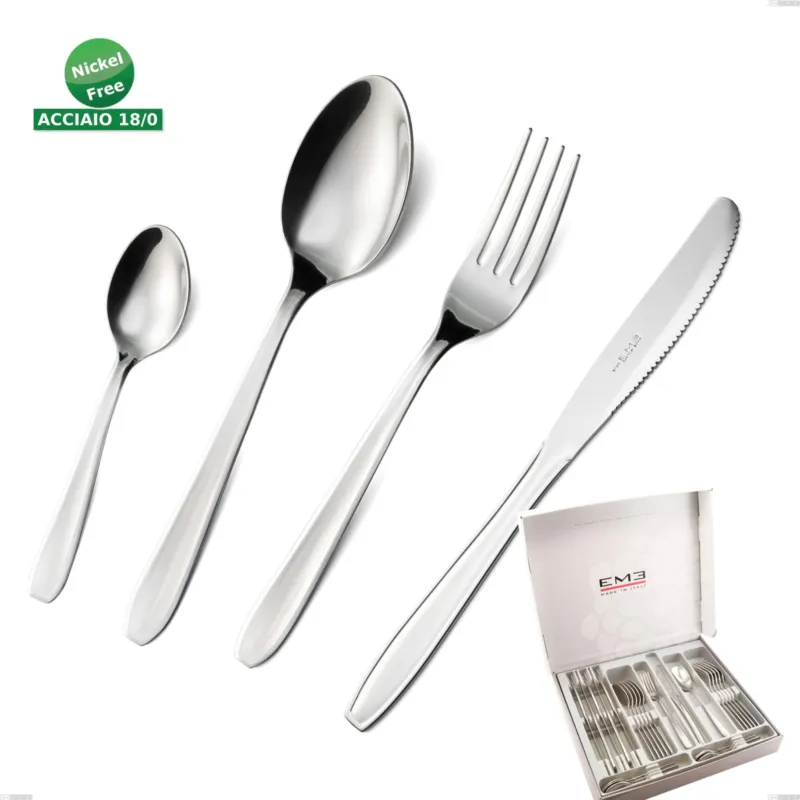 Promozione Esclusiva Cofanetto 24 pezzi coltello economico eco, Acciaio inox Aisi 430 NIchel Free Posate Lucide, spessore 1.5 mm Eme Posaterie