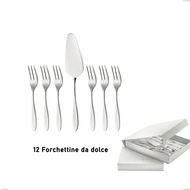 Occasione Imperdibile Confezione a libro 13 pezzi, forchettine più paletta dolce oasi, Acciaio inox Aisi 304 Posate Lucide, spessore 2 mm Eme Posaterie