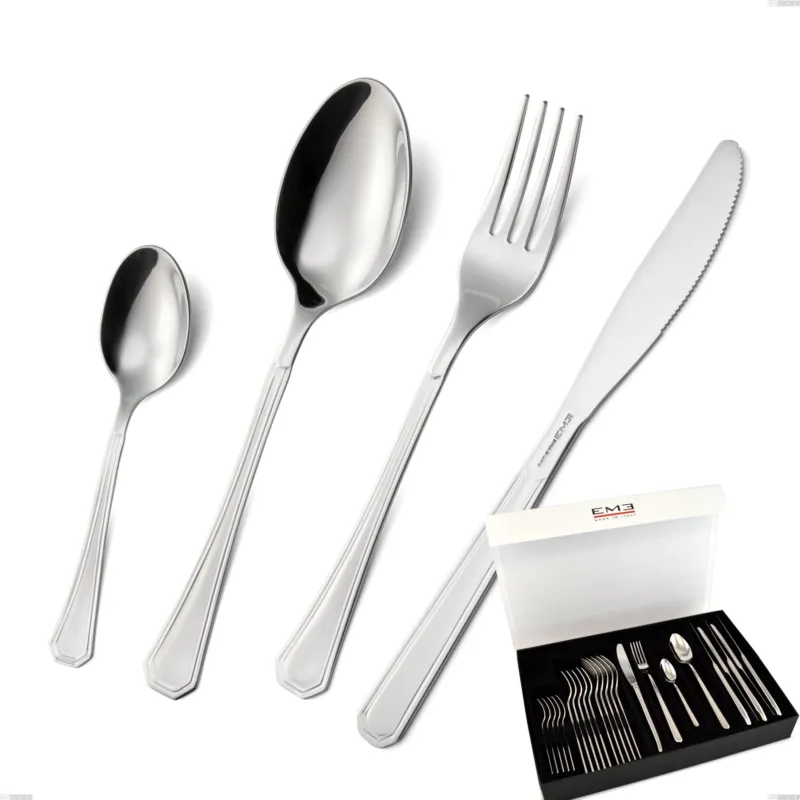 Set di posate 24 pezzi loira in confezione panoramica a libro coltello economico, Acciaio inox Aisi 304 lucido, spessore 2 mm, design Classico Eme Posaterie Spedizione Espresso