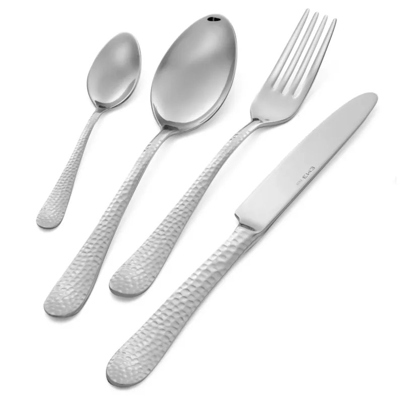 Consegna Rapida Servizio Posate 1 Posto tavola Pezzi CORTINA in acciaio 18.10 (AISI 304) spessore 3 mm, Composizione 1 Coltello 1 Forchetta 1 Cucchiaio 1 Cucchiaino caffè Martellato lucido Eme Posaterie