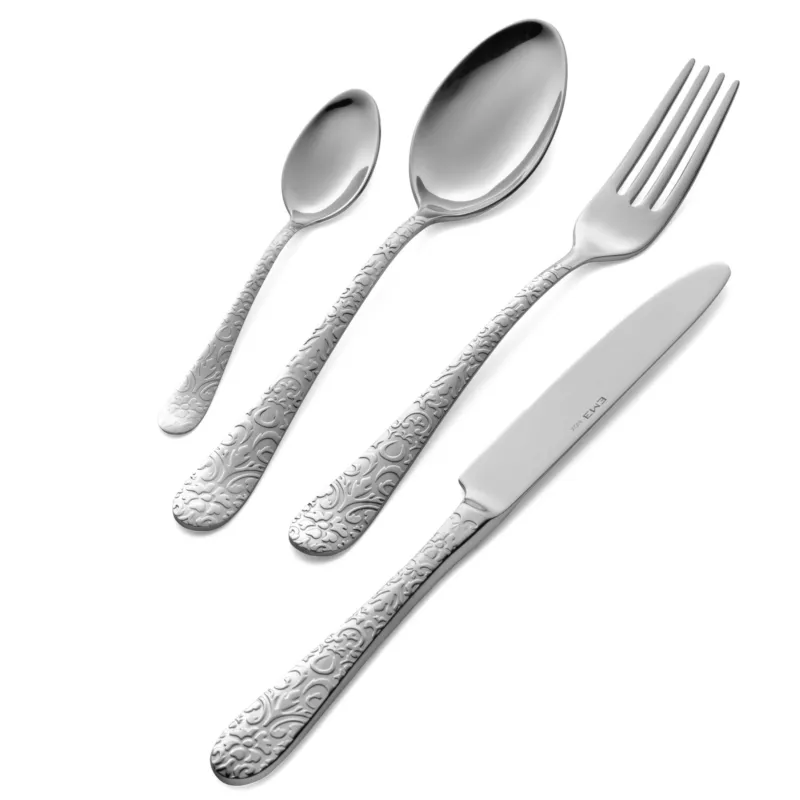 Più Venduto Servizio Posate 1 Posto tavola Pezzi PORTOFINO in acciaio 18.10 (AISI 304) spessore 3 mm, Composizione 1 Coltello 1 Forchetta 1 Cucchiaio 1 Cucchiaino caffè Martellato lucido Eme Posaterie
