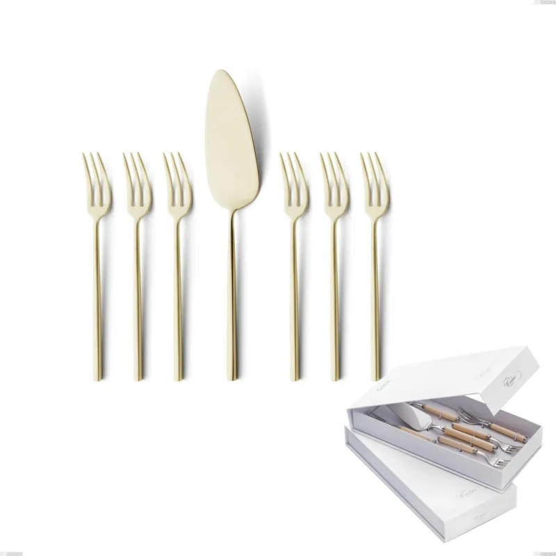 Confezione a libro 7 pezzi, forchettine più paletta dolce Kyoto Sabbiato Champagne, Acciaio inox (Aisi 304) inox sabbiato Eme Posaterie Prezzo Di Fabbrica