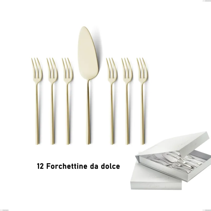 Confezione a libro 13 pezzi, forchettine più paletta dolce Kyoto Sabbiato Champagne, Acciaio inox (Aisi 304) inox sabbiato Eme Posaterie Solo Oggi