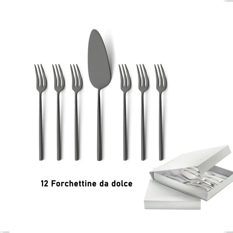 Prezzo Scontato Confezione a libro 13 pezzi, forchettine più paletta dolce Kyoto Sabbiato Black, Acciaio inox (Aisi 304) inox sabbiato Eme Posaterie