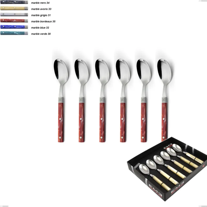 Acquista Ora Confezione vetrina 6 pezzi cucchiaino caffe boheme, Acciaio inox (Aisi 304) ghiera incisa con decoro classico e finitura argentata Eme Posaterie marble nero 34