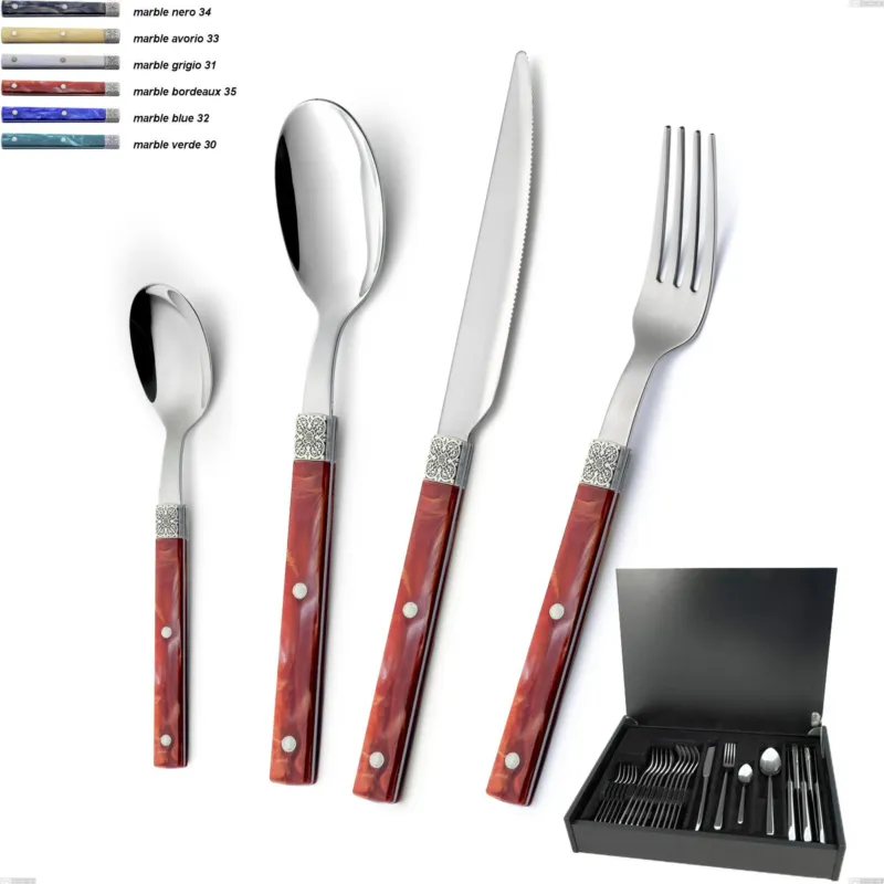 Prezzo Scontato Astuccio legno 24 pezzi boheme, Acciaio inox (Aisi 304) ghiera incisa con decoro classico e finitura argentata Eme Posaterie marble nero 34
