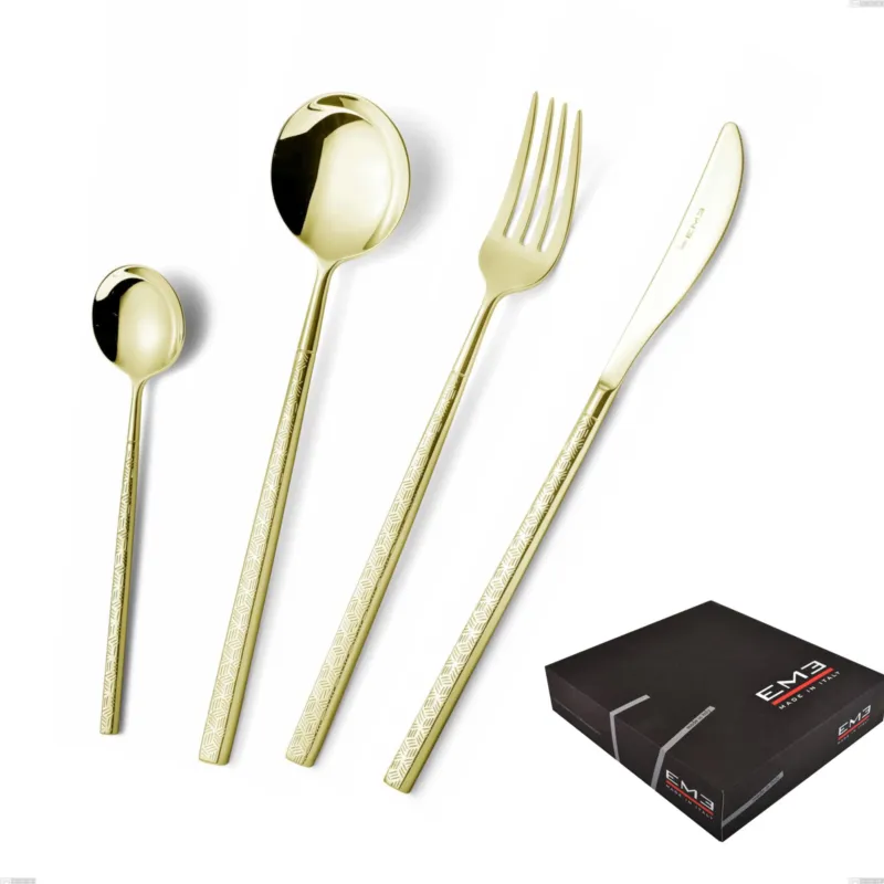 Offerta Speciale Set di posate 75 pezzi Kyoto Origami Tin Gold in confezione regalo, Acciaio inox (Aisi 304) trattamento pvd acciaio lucido Eme Posaterie