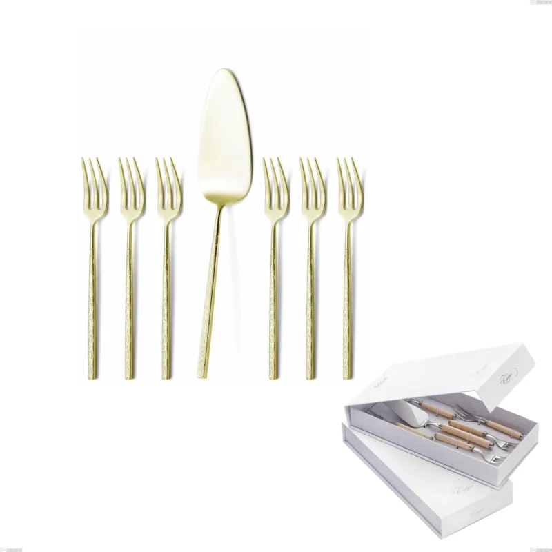 Solo Oggi Confezione a libro 7 pezzi, forchettine più paletta dolce Kyoto Origami Tin Gold, Acciaio inox (Aisi 304) trattamento pvd acciaio lucido Eme Posaterie
