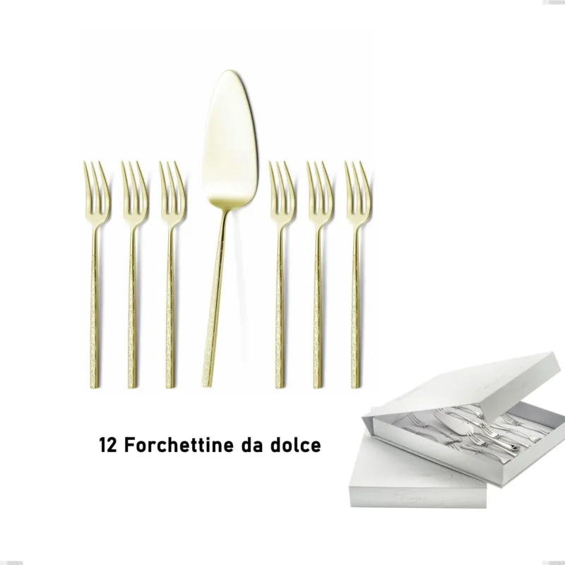 Confezione a libro 13 pezzi, forchettine più paletta dolce Kyoto Origami Tin Gold, Acciaio inox (Aisi 304) trattamento pvd acciaio lucido Eme Posaterie Consegna Rapida