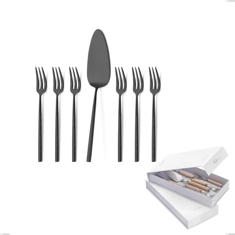 Confezione a libro 7 pezzi, forchettine più paletta dolce Kyoto Origami Black, Acciaio inox (Aisi 304) trattamento pvd acciaio lucido Eme Posaterie Occasione Imperdibile