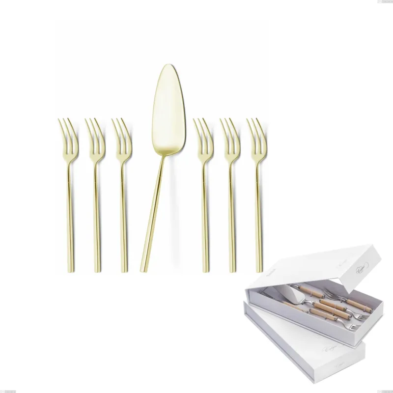 Confezione a libro 7 pezzi, forchettine più paletta dolce Kyoto Tin Gold, Acciaio inox (Aisi 304) trattamento pvd acciaio lucido Eme Posaterie Non Perdere