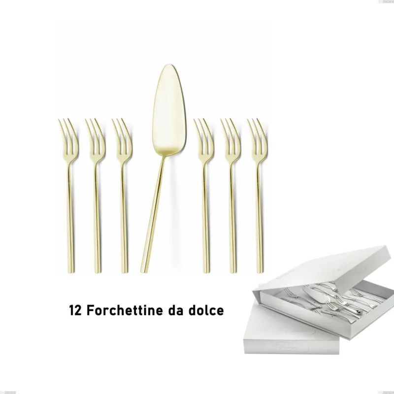 Ordina Subito Confezione a libro 13 pezzi, forchettine più paletta dolce Kyoto Tin Gold, Acciaio inox (Aisi 304) trattamento pvd acciaio lucido Eme Posaterie