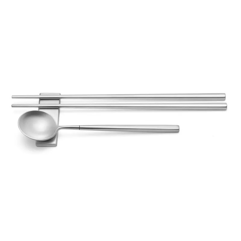 Set KYOTO SUSHI SABBIATO in acciaio 18.10 forgiato accoglie 3 posate, Chopstick 250 mm, Cucchiaio 183 mm finitura inox sabbiato più poggia posate Eme Posaterie Nuova Collezione
