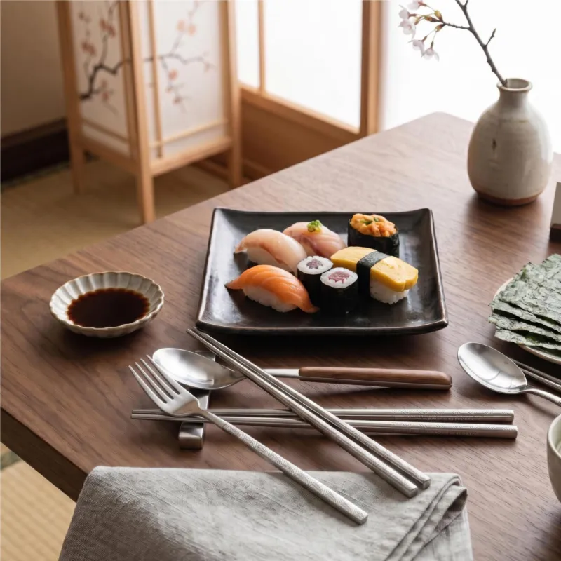 Non Perdere Set KYOTO SUSHI ORIGAMI in acciaio 18.10 forgiato accoglie 3 posate ,Chopstick 250 mm , Cucchiaio 183 mm finitura inox lucido più poggia posate Eme Posaterie