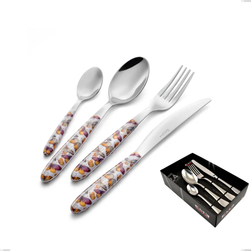 Confezione vetrina 24 pezzi vero butterfly, acciaio 18.0 nickel free, manicatura pbt sublimato acciaio lucido Eme Posaterie Spedizione Espresso