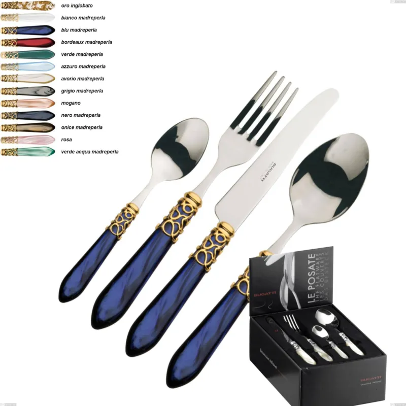 Promo Stagionale Confezione 24 pezzi compact Melodia ghiera oro bugatti, acciaio 18.10 manico in acrilico Casa bugatti oro inglobato